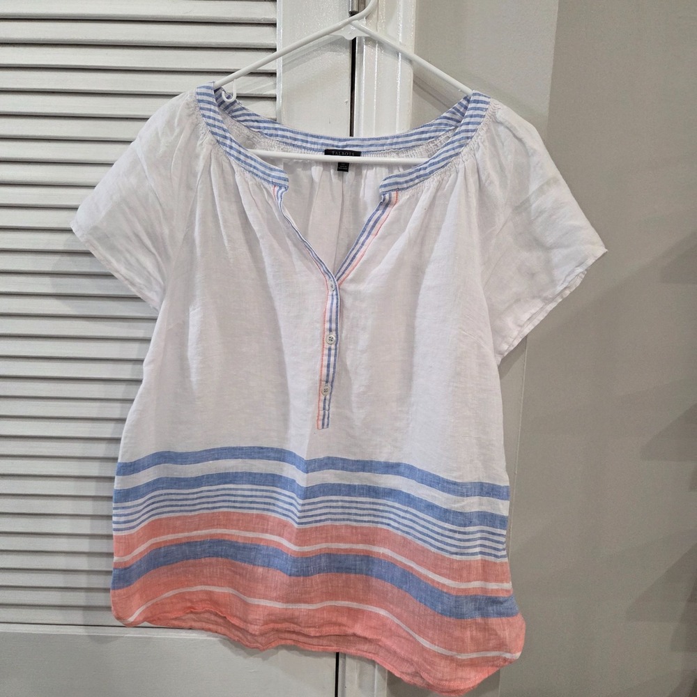 Talbots White Linen Cap Sleeve Blue & Coral Womens Shirt Size Medium Petite